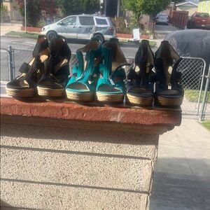 Michael Kors Teal and Black Espadrille Wedge Sandals with Front Zipper
